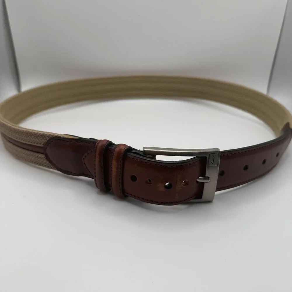PGA Tour Mens Brown Leather Khaki‎ Braided Golf Belt Size 34 Silver Buckle 56453